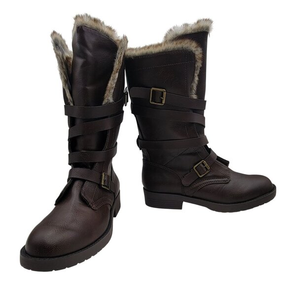 SO Boots Faux Leather Fur-Lined Buckle Strap Memory Foam Womens Size 8 in Box - Picture 1 of 11